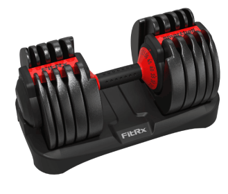 FitRx SmartBell, Quick-Select Adjustable Dumbbell for Home Gym, 5-52.5 lbs. Weight, Black, Single