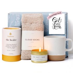 Comforting Care Package for Women Organic Self Care Get Well Soon Gift Basket with Fluffy Socks Lemon Ginger Tea Set Sea Salt Scented Candle Idea
