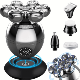 Detachable Head Shavers, LARGNER 5 In 1 Electric Razor IPX7 Waterproof For Bald Men, Wet Dry LED Display Rechargeable 7D Rotary Shaver Grooming K (Option: Bright silver)